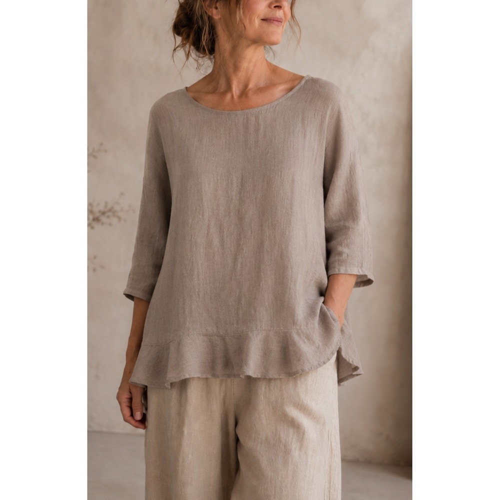 Match Point 100% Linen Ruffle Hem Tunic Top Tan Size Medium USA Made Lagonlook